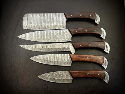 Custom Made Damascus Kitchen Knives Set Of 5 Pieces