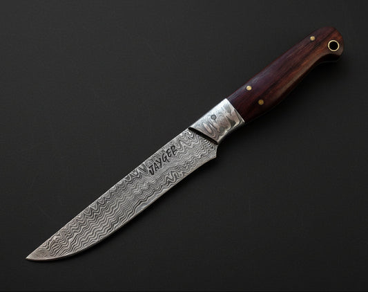 Damascus knife with a wooden handle on a white background