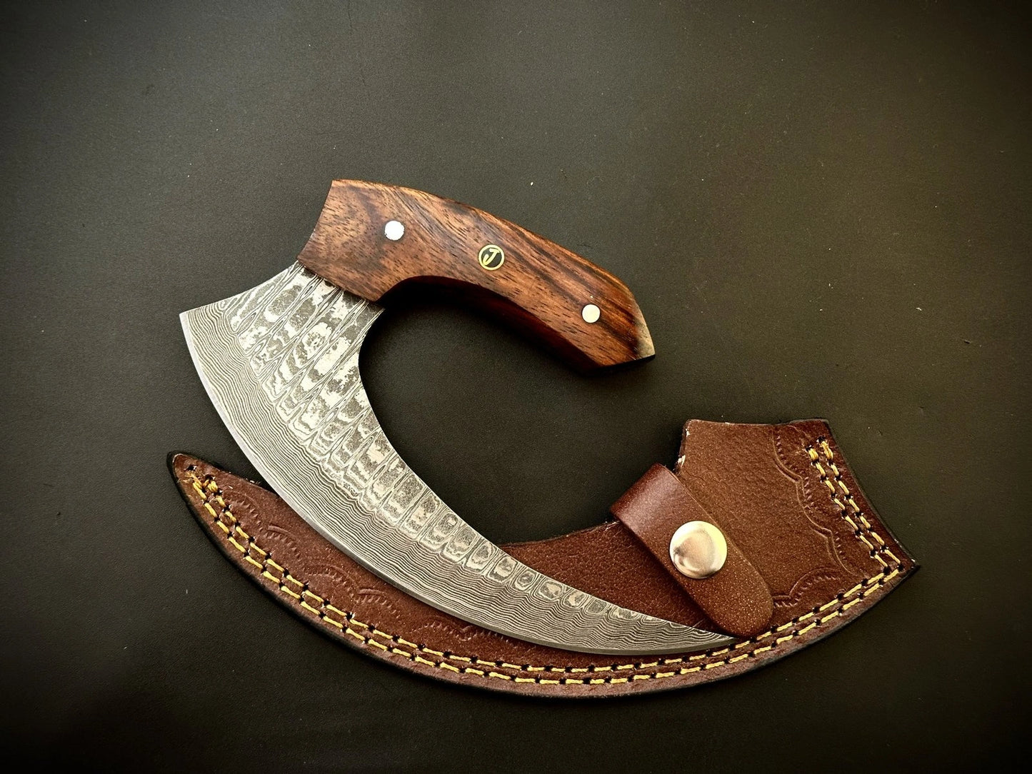 Damascus Steel Alaskan Ulu knife With Leather Sheath
