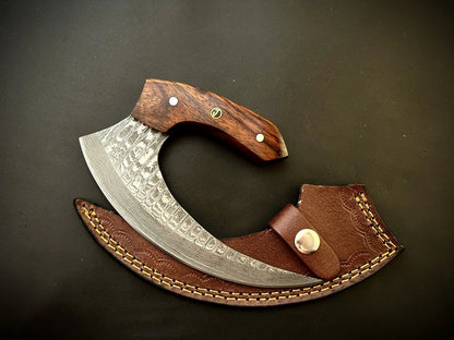 Damascus Steel Alaskan Ulu knife With Leather Sheath