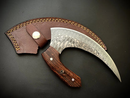 Damascus Steel Alaskan Ulu knife With Leather Sheath