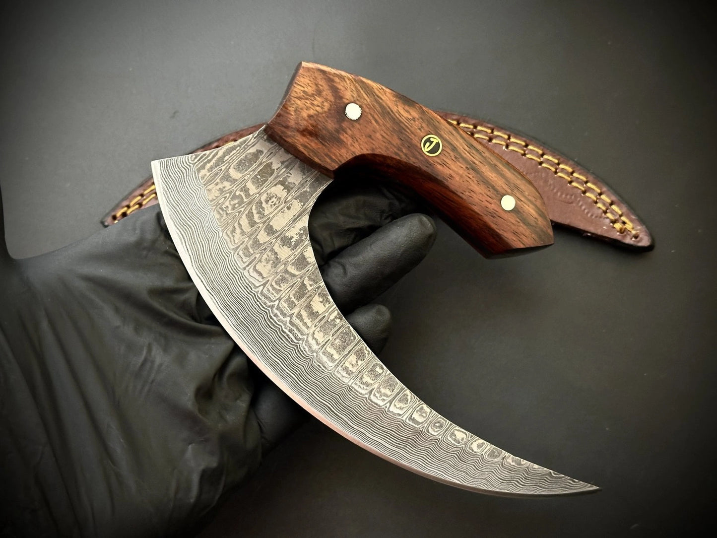 Damascus Steel Alaskan Ulu knife With Leather Sheath