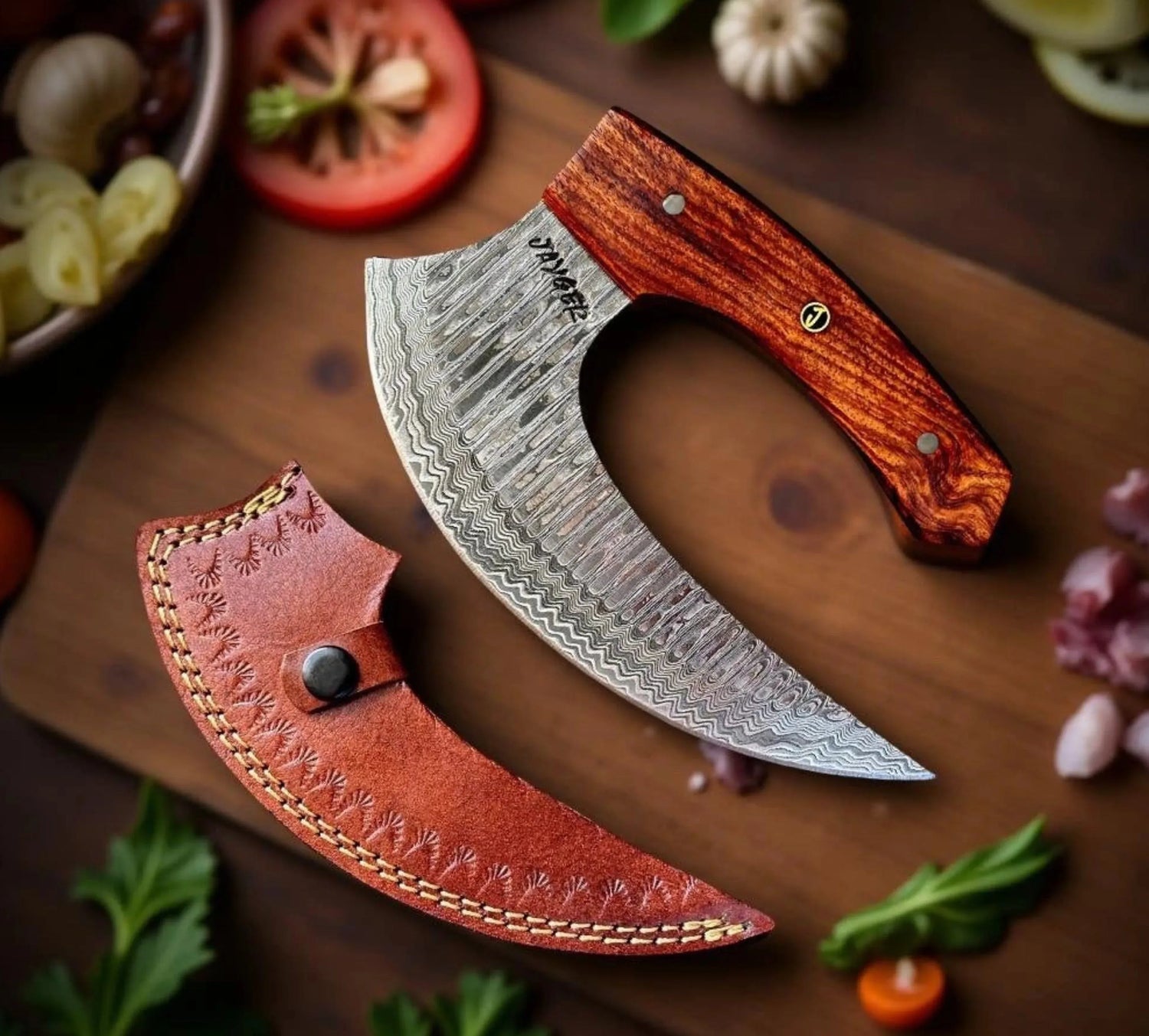 Damascus Steel Alaskan Ulu knife With Leather Sheath - Jayger