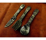 Custom Made Damascus Steel Steak Fork And Knife Set - Jayger