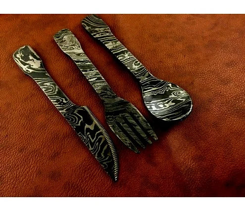 Custom Made Damascus Steel Steak Fork And Knife Set