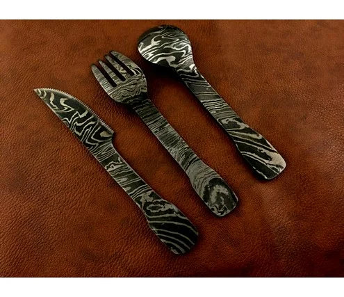 Custom Made Damascus Steel Steak Fork And Knife Set