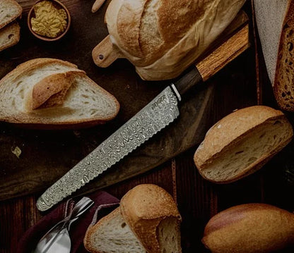 Handmade Bread Knife – Hand Serrated Damascus Steel Blade