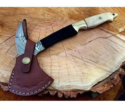 Damascus Steel Spike Camping Axe With Leather Sheath – JD4