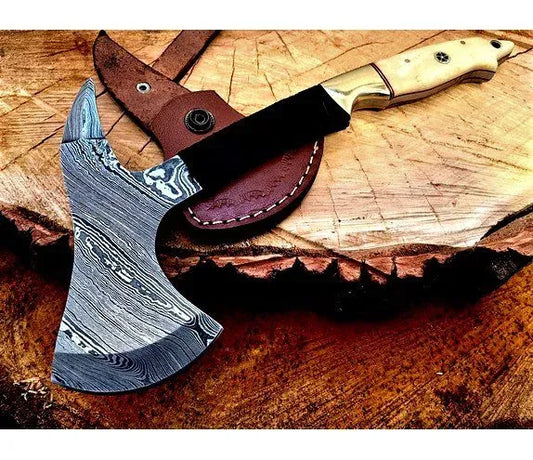 Damascus Steel Spike Camping Axe With Leather Sheath – JD4