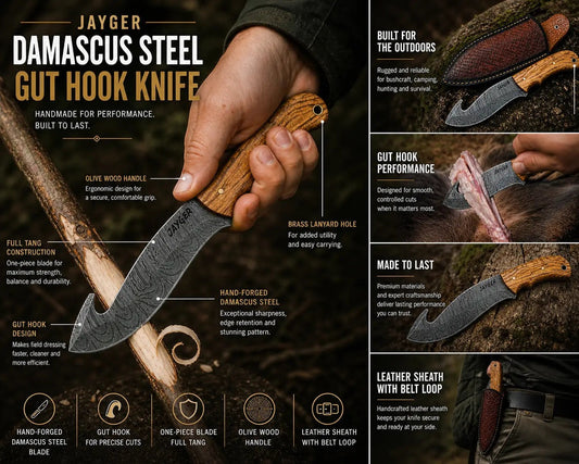 Jayger handmade Damascus steel gut hook knife with olive wood handle and leather sheath. Ideal for hunting and bushcraft.