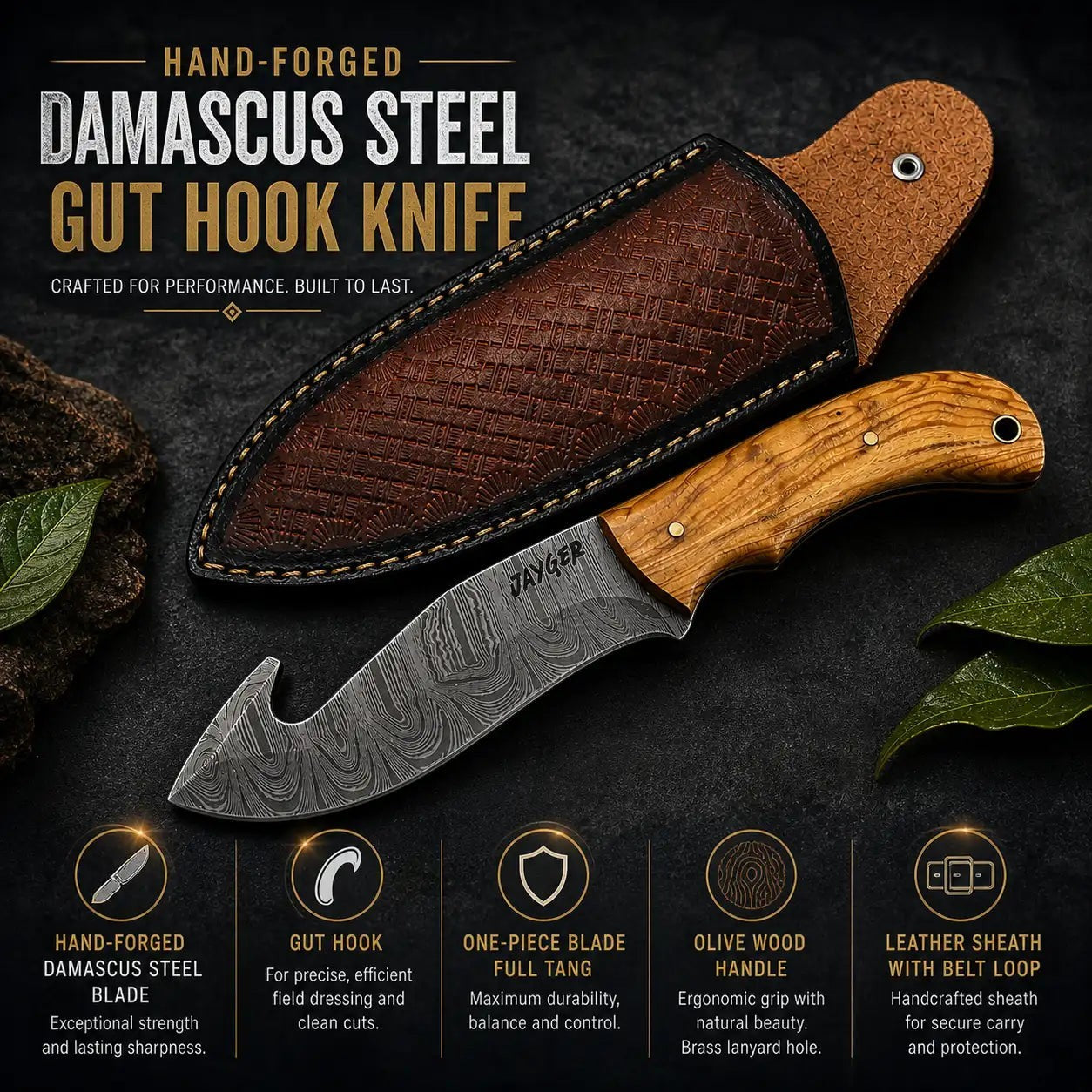 Jayger handmade gut hook skinning knife with Damascus steel blade and olive wood handle. Includes leather sheath.