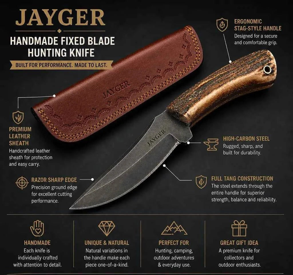 Handmade Fixed Blade Hunting Knife with Leather Sheath – Stag Handle