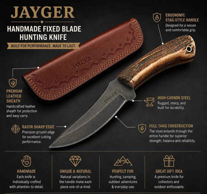 Handmade Fixed Blade Hunting Knife with Leather Sheath – Stag Handle