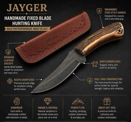 Handmade Fixed Blade Hunting Knife with Leather Sheath – Stag Handle