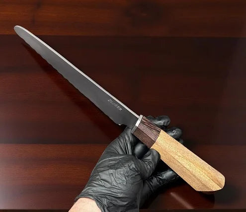 Handmade Bread Knife – Hand Serrated Damascus Steel Blade