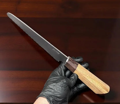 Handmade Bread Knife – Hand Serrated Damascus Steel Blade