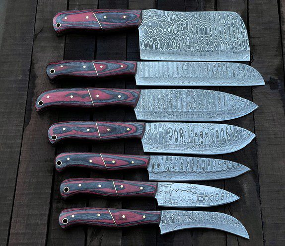 Carbon Steel Chef Knife Set With Rolling Leather Bag Red