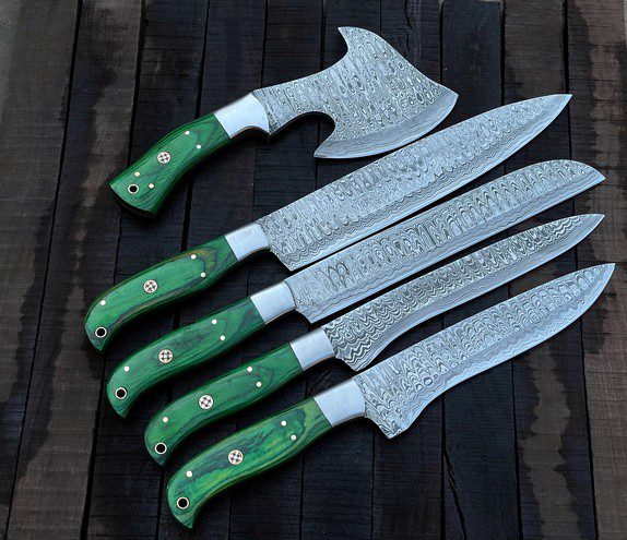 Handmade Damascus Steel Kitchen Knife/set of 5/ Hatchet/ Cleaver/ Vegetable  and Meat Cutting-kds3 